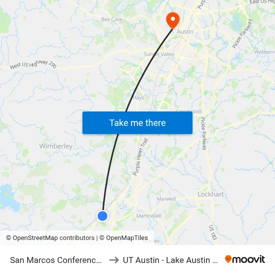 San Marcos Conference Center to UT Austin - Lake Austin Campus map
