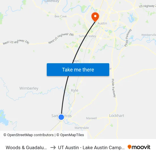 Woods & Guadalupe to UT Austin - Lake Austin Campus map