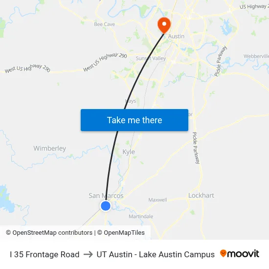I 35 Frontage Road to UT Austin - Lake Austin Campus map