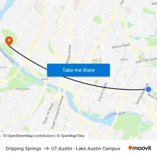 Dripping Springs to UT Austin - Lake Austin Campus map