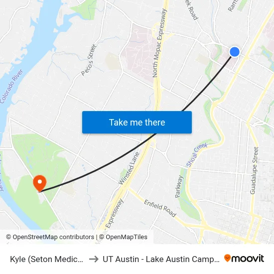 Kyle  (Seton Medical) to UT Austin - Lake Austin Campus map