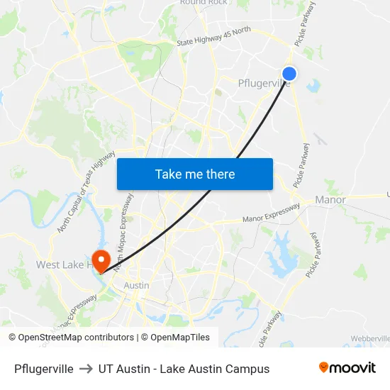 Pflugerville to UT Austin - Lake Austin Campus map