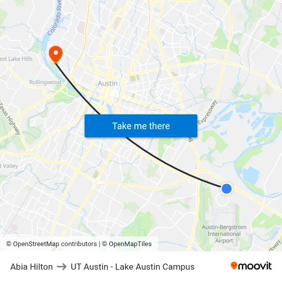 Abia Hilton to UT Austin - Lake Austin Campus map