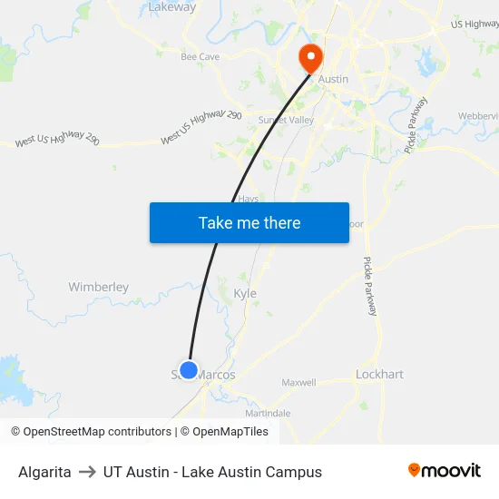 Algarita to UT Austin - Lake Austin Campus map