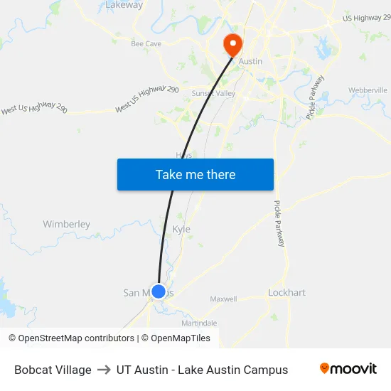 Bobcat Village to UT Austin - Lake Austin Campus map