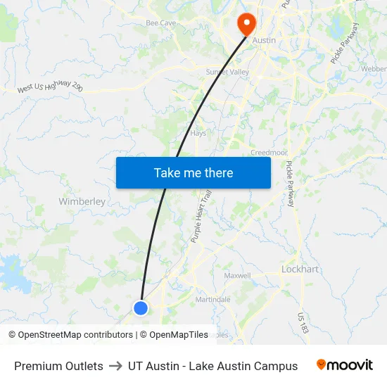 Premium Outlets to UT Austin - Lake Austin Campus map