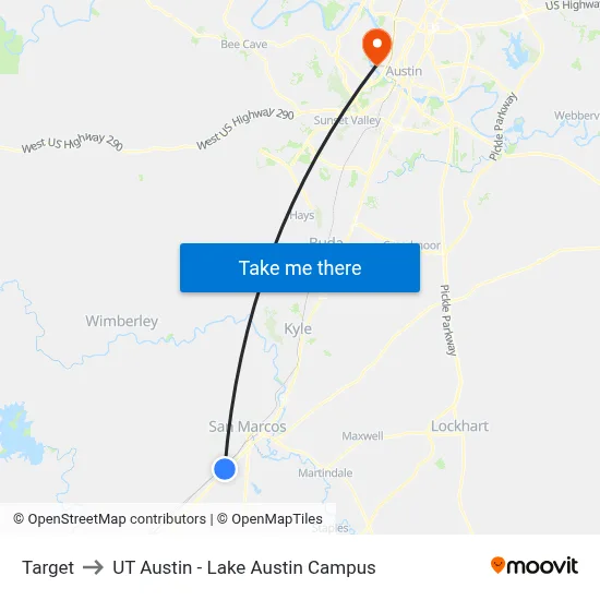 Target to UT Austin - Lake Austin Campus map
