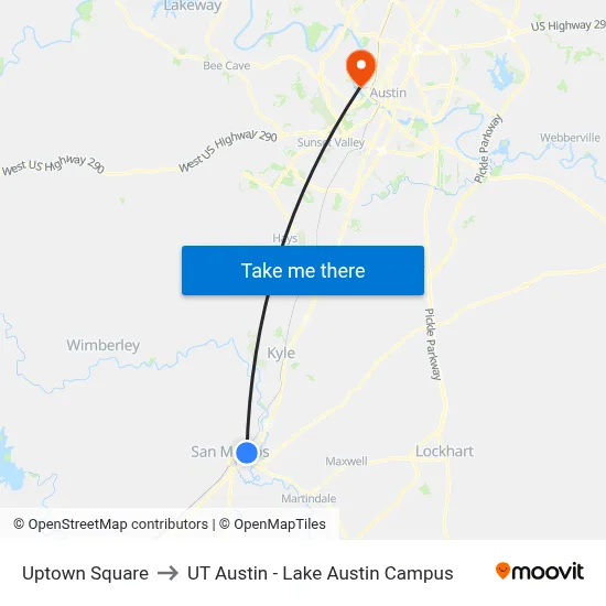 Uptown Square to UT Austin - Lake Austin Campus map
