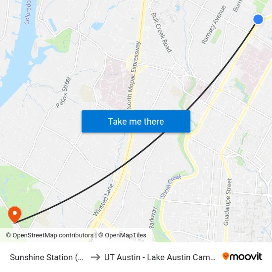 Sunshine Station (Sb) to UT Austin - Lake Austin Campus map