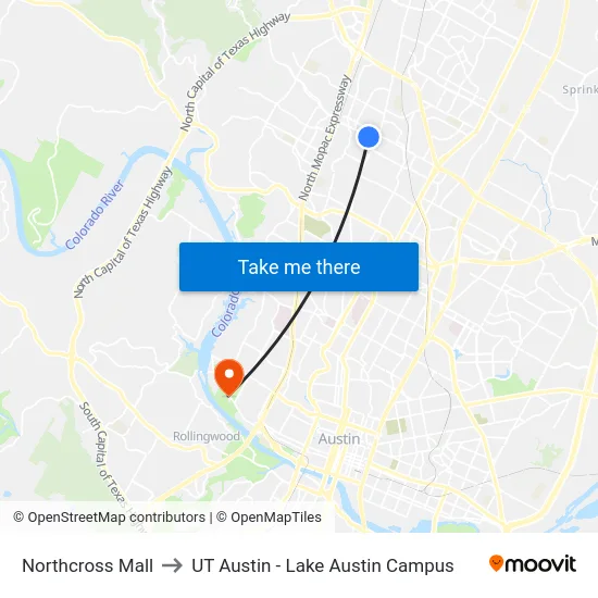 Northcross Mall to UT Austin - Lake Austin Campus map