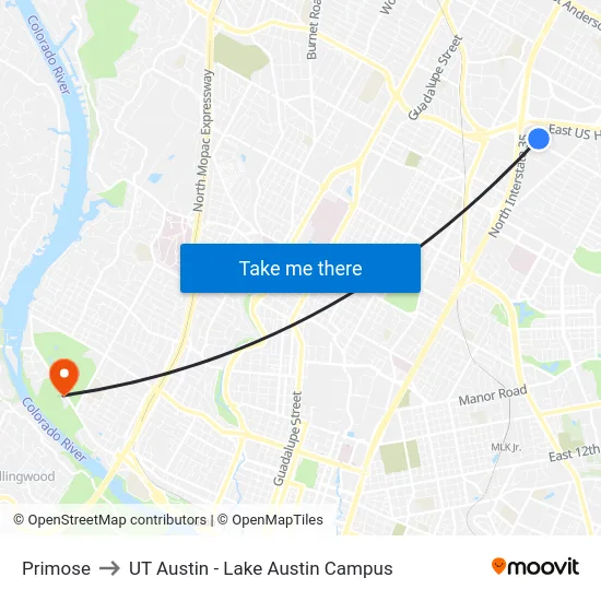 Primose to UT Austin - Lake Austin Campus map