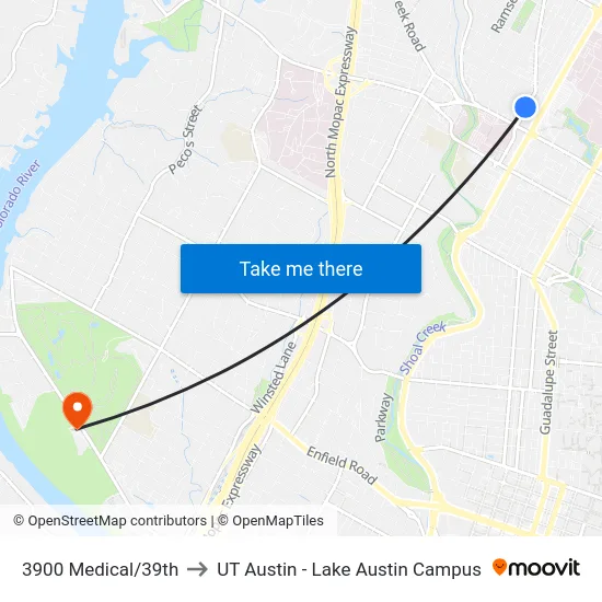 3900 Medical/39th to UT Austin - Lake Austin Campus map