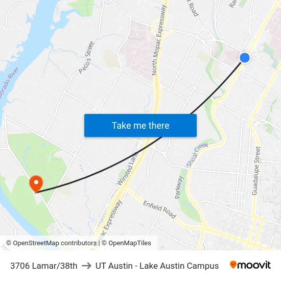 3706 Lamar/38th to UT Austin - Lake Austin Campus map