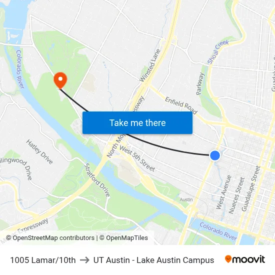 1005 Lamar/10th to UT Austin - Lake Austin Campus map