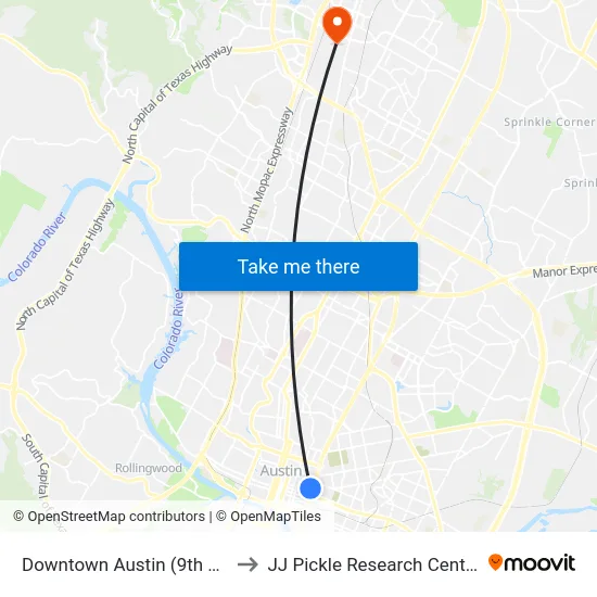 Downtown Austin (9th St) to JJ Pickle Research Center map