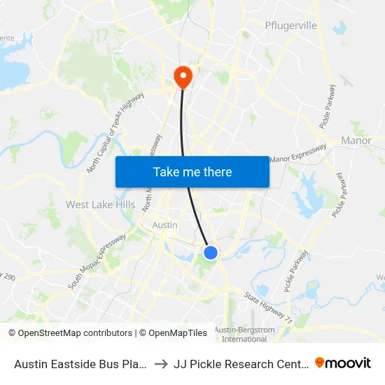 Austin Eastside Bus Plaza to JJ Pickle Research Center map