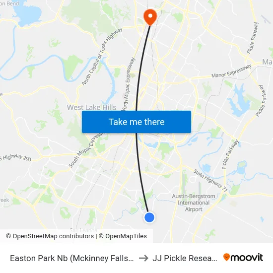 Easton Park Nb (Mckinney Falls/William Cannon) to JJ Pickle Research Center map
