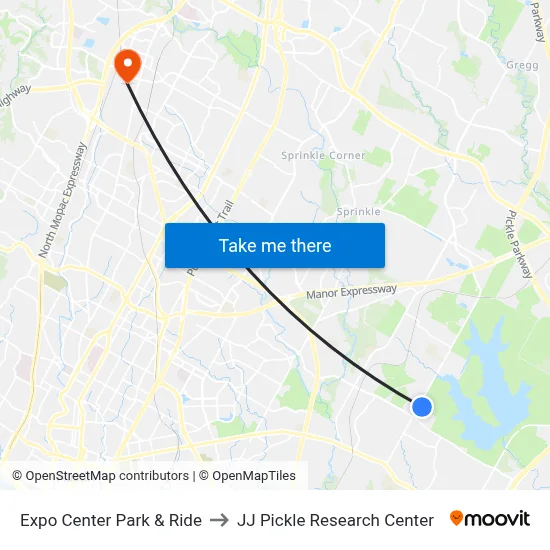 Expo Center Park & Ride to JJ Pickle Research Center map