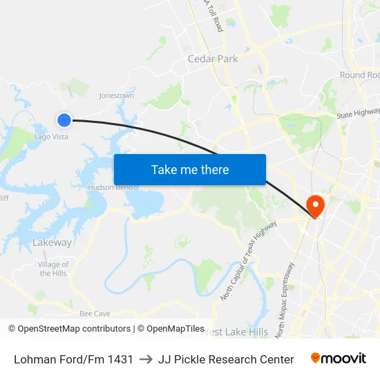 Lohman Ford/Fm 1431 to JJ Pickle Research Center map