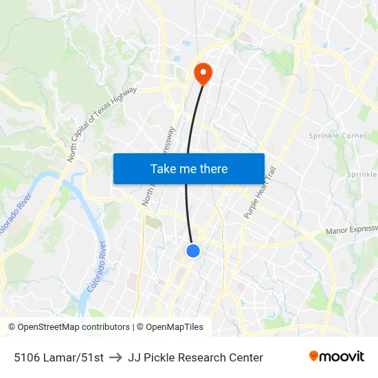 5106 Lamar/51st to JJ Pickle Research Center map