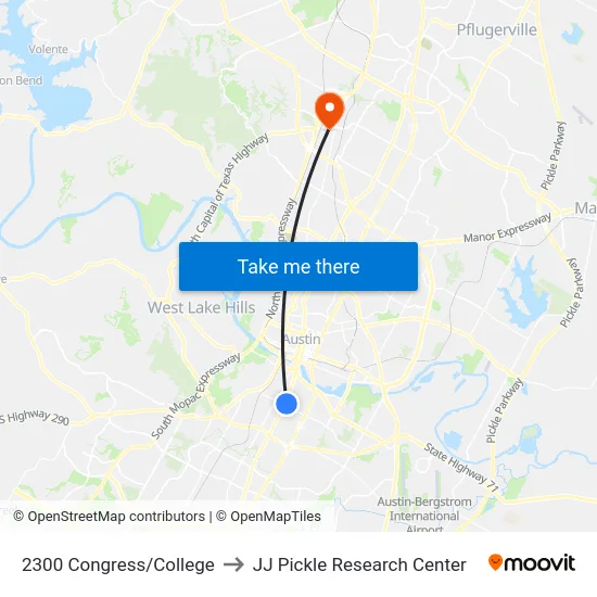 2300 Congress/College to JJ Pickle Research Center map