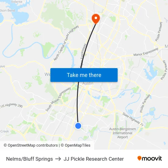 Nelms/Bluff Springs to JJ Pickle Research Center map