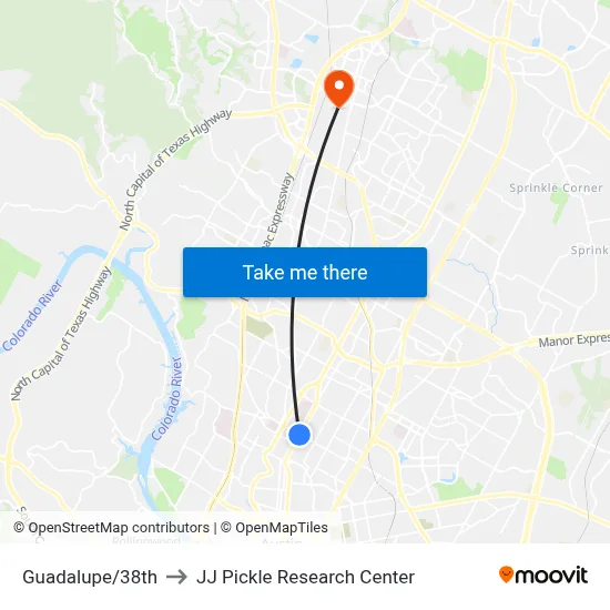 Guadalupe/38th to JJ Pickle Research Center map