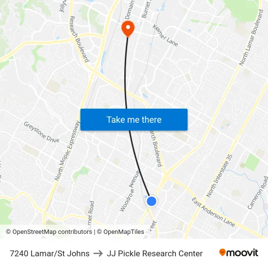 7240 Lamar/St Johns to JJ Pickle Research Center map