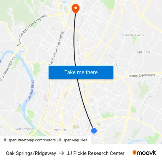 Oak Springs/Ridgeway to JJ Pickle Research Center map