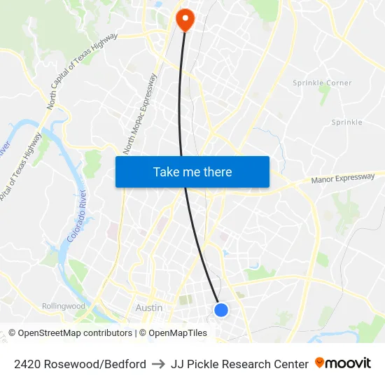 2420 Rosewood/Bedford to JJ Pickle Research Center map
