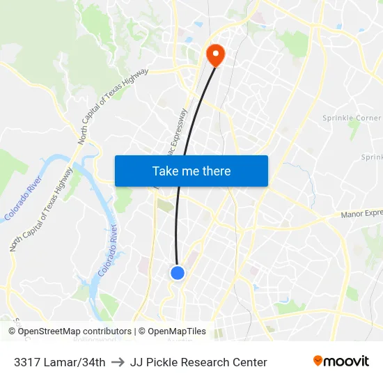 3317 Lamar/34th to JJ Pickle Research Center map