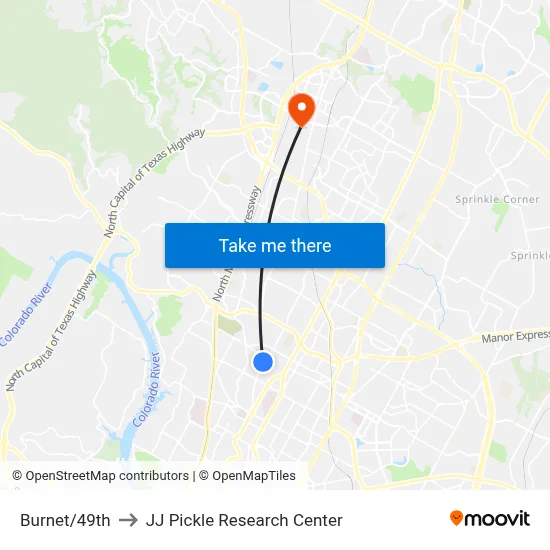 Burnet/49th to JJ Pickle Research Center map