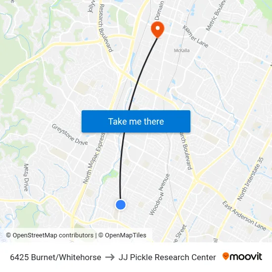 6425 Burnet/Whitehorse to JJ Pickle Research Center map