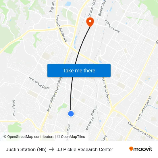 Justin Station (Nb) to JJ Pickle Research Center map
