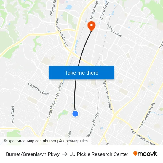 Burnet/Greenlawn Pkwy to JJ Pickle Research Center map