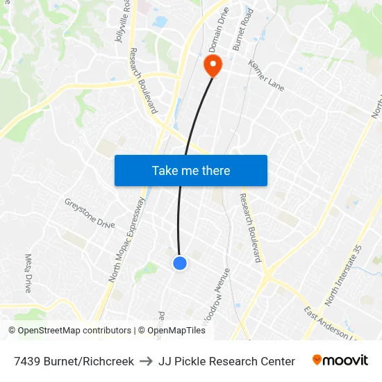 7439 Burnet/Richcreek to JJ Pickle Research Center map