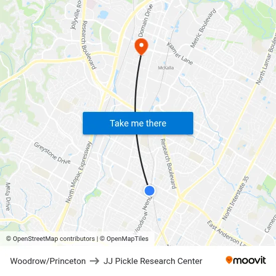 Woodrow/Princeton to JJ Pickle Research Center map