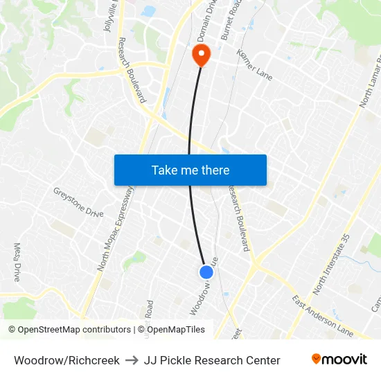 Woodrow/Richcreek to JJ Pickle Research Center map