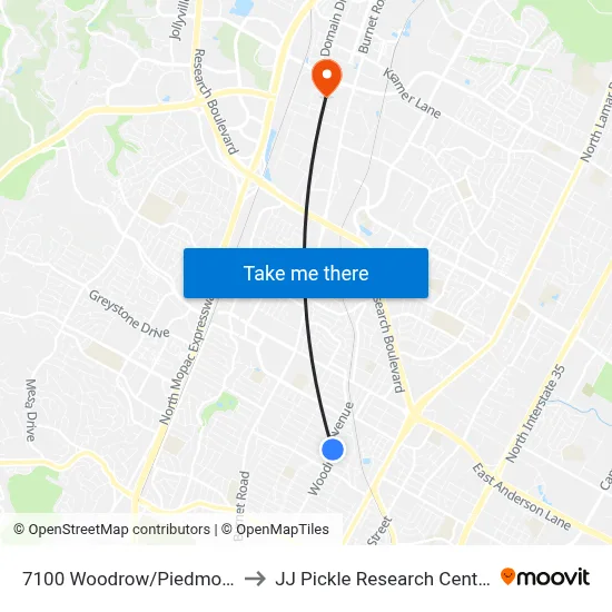 7100 Woodrow/Piedmont to JJ Pickle Research Center map