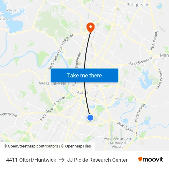 4411 Oltorf/Huntwick to JJ Pickle Research Center map