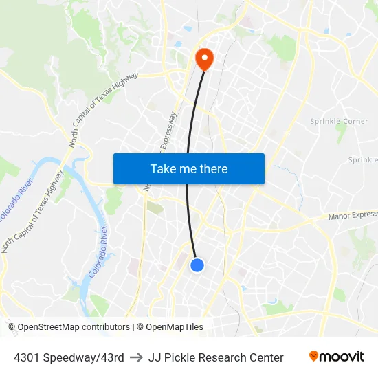 4301 Speedway/43rd to JJ Pickle Research Center map