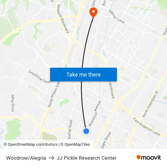 Woodrow/Alegria to JJ Pickle Research Center map