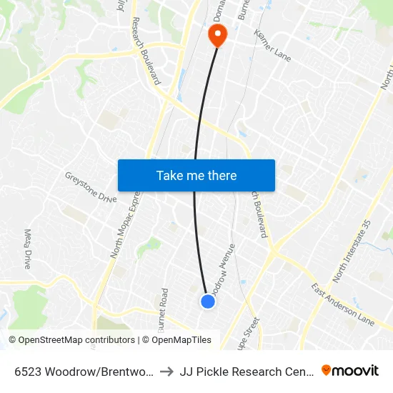 6523 Woodrow/Brentwood to JJ Pickle Research Center map