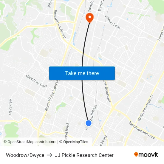 Woodrow/Dwyce to JJ Pickle Research Center map
