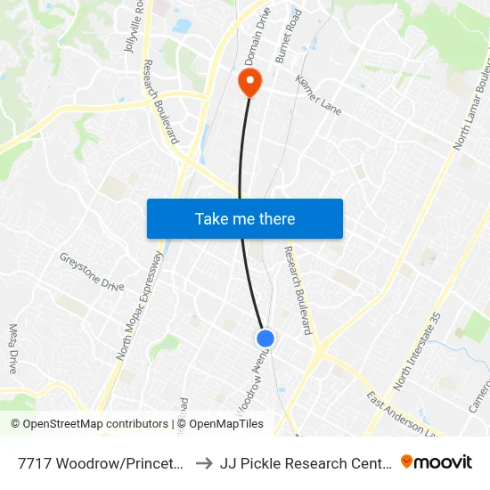7717 Woodrow/Princeton to JJ Pickle Research Center map