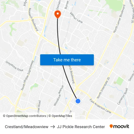 Crestland/Meadowview to JJ Pickle Research Center map