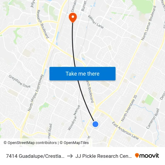 7414 Guadalupe/Crestland to JJ Pickle Research Center map