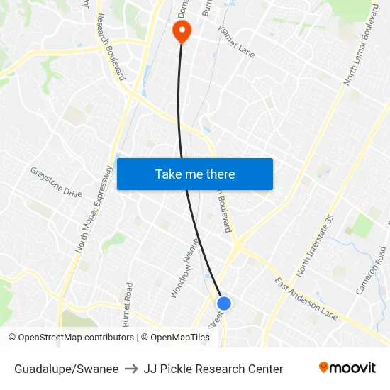 Guadalupe/Swanee to JJ Pickle Research Center map