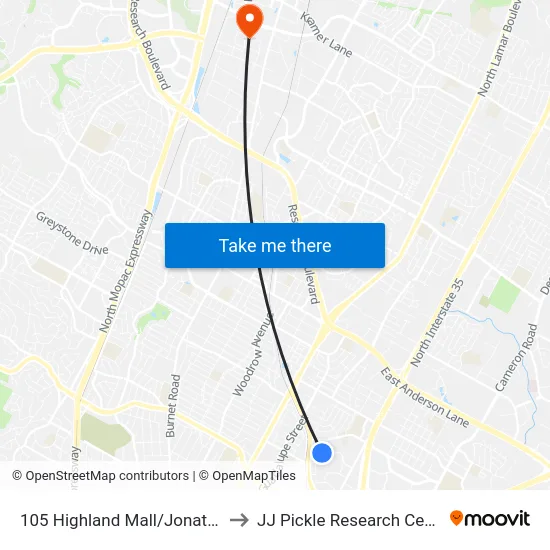 105 Highland Mall/Jonathan to JJ Pickle Research Center map