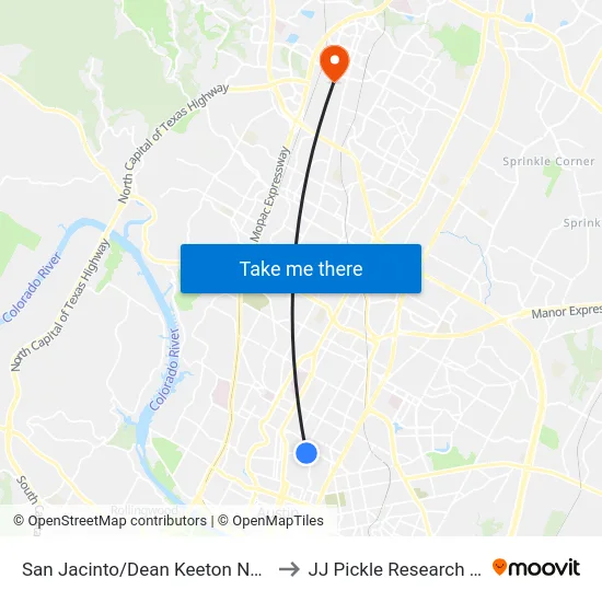 San Jacinto/Dean Keeton NW Corner to JJ Pickle Research Center map